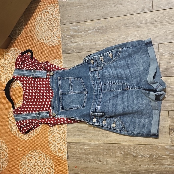 Red Polka Dot Top with No Boundaries Belt Loop Denim Overalls - Picture 8 of 8